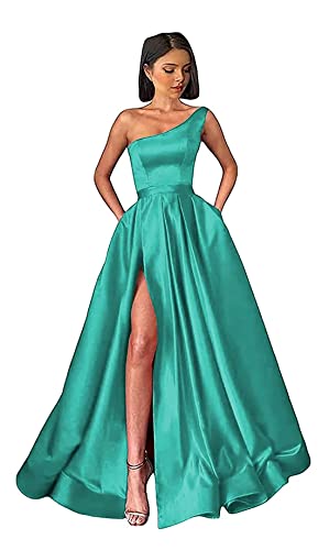 Damen One Shoulder Ballkleider Lange Schlitz Satin A-Linie Formelle Abendkleider Sexy Partykleid von Sincemeet