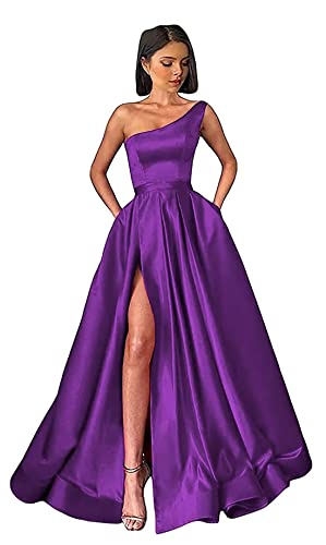 Damen One Shoulder Ballkleider Lange Schlitz Satin A-Linie Formelle Abendkleider Sexy Partykleid von Sincemeet