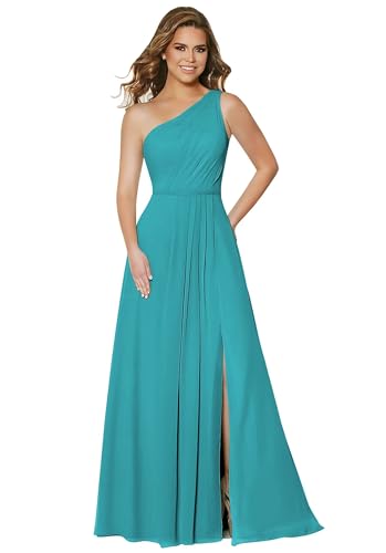 Damen One Shoulder Chiffon Brautjungfernkleider A Linie Plissee Ballkleider mit Taschen Lang Formelle Ballkleider von Sincemeet