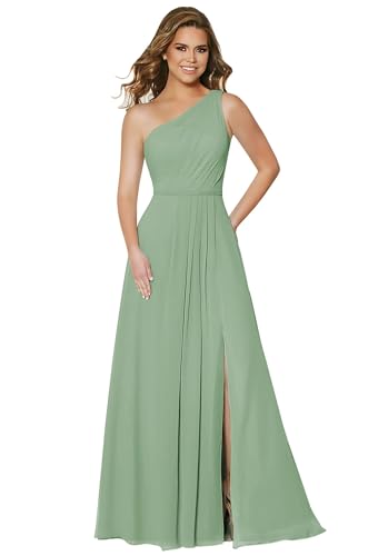 Damen One Shoulder Chiffon Brautjungfernkleider A Linie Plissee Ballkleider mit Taschen Lang Formelle Ballkleider von Sincemeet