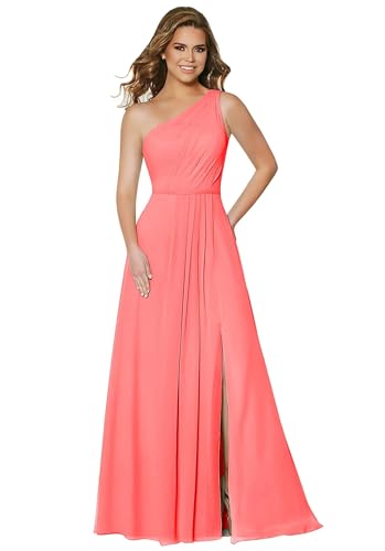 Damen One Shoulder Chiffon Brautjungfernkleider A Linie Plissee Ballkleider mit Taschen Lang Formelle Ballkleider von Sincemeet