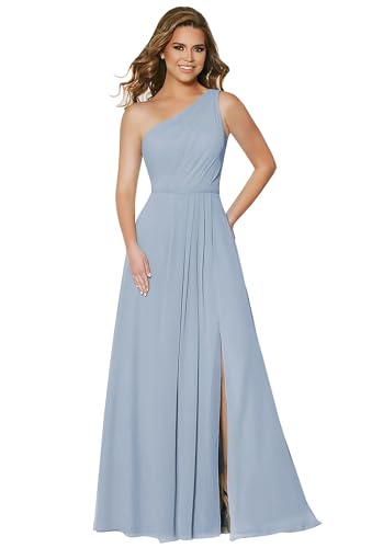 Damen One Shoulder Chiffon Brautjungfernkleider A Linie Plissee Ballkleider mit Taschen Lang Formelle Ballkleider von Sincemeet