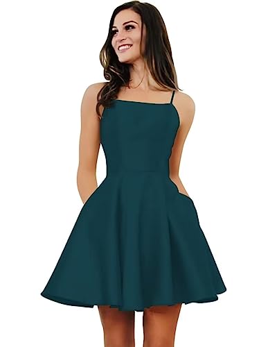 Damen Satin Kurze Heimkehrkleider mit Taschen Spaghetti-Träger A-Linie Satin Ballkleid für Teens von Sincemeet