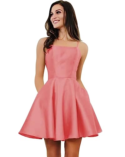 Damen Satin Kurze Heimkehrkleider mit Taschen Spaghetti-Träger A-Linie Satin Ballkleid für Teens von Sincemeet