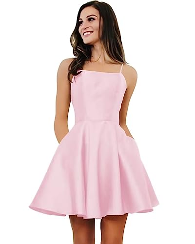 Damen Satin Kurze Heimkehrkleider mit Taschen Spaghetti-Träger A-Linie Satin Ballkleid für Teens von Sincemeet