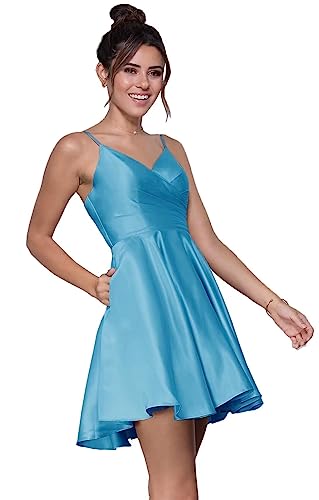 Damen Satin V-Ausschnitt Heimkehrkleider Spaghetti Minikleider A-Linie Satin formelle Partykleide für Teenager von Sincemeet