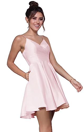 Damen Satin V-Ausschnitt Heimkehrkleider Spaghetti Minikleider A-Linie Satin formelle Partykleide für Teenager von Sincemeet