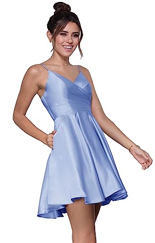 Damen Satin V-Ausschnitt Heimkehrkleider Spaghetti Minikleider A-Linie Satin formelle Partykleide für Teenager von Sincemeet