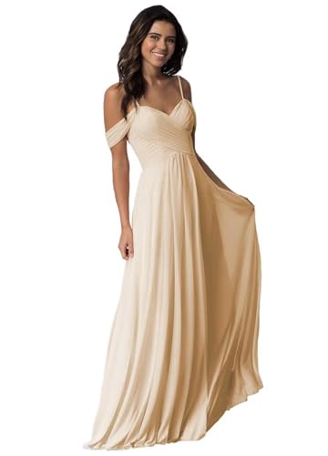 Damen Schulterfrei Brautjungfer Kleid lang Spaghetti-Träger Chiffon formelle Abendkleider A-Linie Plissiert Ballkleider von Sincemeet