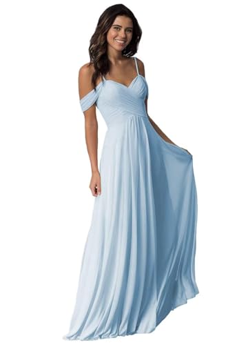 Damen Schulterfrei Brautjungfer Kleid lang Spaghetti-Träger Chiffon formelle Abendkleider A-Linie Plissiert Ballkleider von Sincemeet