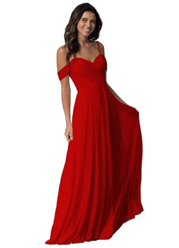 Damen Schulterfrei Brautjungfer Kleid lang Spaghetti-Träger Chiffon formelle Abendkleider A-Linie Plissiert Ballkleider von Sincemeet