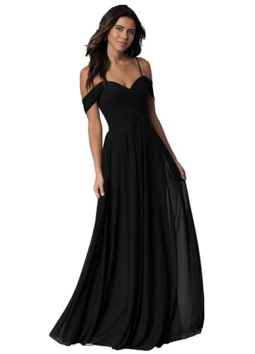 Damen Schulterfrei Brautjungfer Kleid lang Spaghetti-Träger Chiffon formelle Abendkleider A-Linie Plissiert Ballkleider von Sincemeet