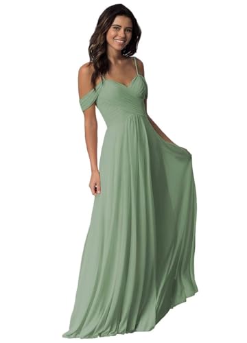 Damen Schulterfrei Brautjungfer Kleid lang Spaghetti-Träger Chiffon formelle Abendkleider A-Linie Plissiert Ballkleider von Sincemeet