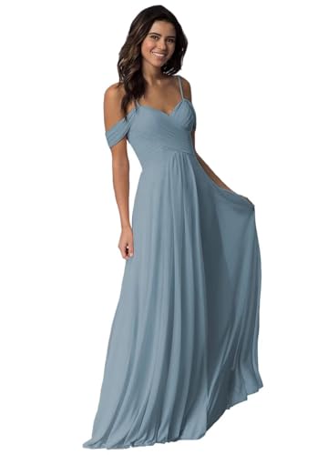 Damen Schulterfrei Brautjungfer Kleid lang Spaghetti-Träger Chiffon formelle Abendkleider A-Linie Plissiert Ballkleider von Sincemeet
