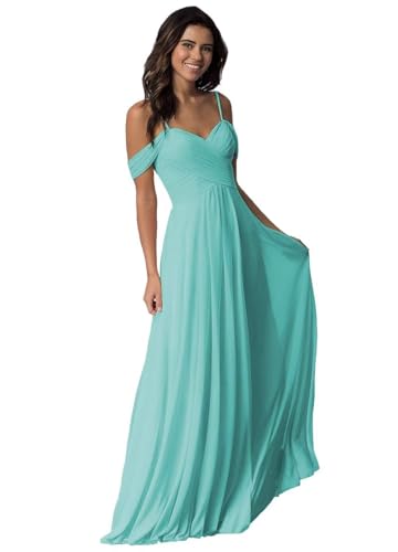 Damen Schulterfrei Brautjungfer Kleid lang Spaghetti-Träger Chiffon formelle Abendkleider A-Linie Plissiert Ballkleider von Sincemeet