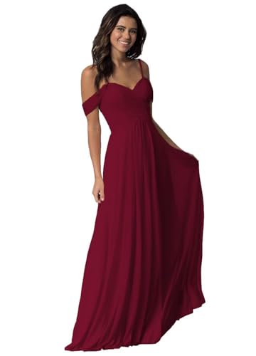 Damen Schulterfrei Brautjungfer Kleid lang Spaghetti-Träger Chiffon formelle Abendkleider A-Linie Plissiert Ballkleider von Sincemeet