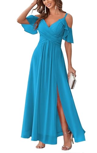 Damen Schulterfrei Brautjungfernkleider lang Chiffon plissiert formelle Abendkleider A Linie Spaghetti-träger Ballkleider Damen Schulterfrei Brautjungfernkleider lang Chiffon plissiert formelle Abendkleider A Linie Spaghetti-träger Ballkleider von Sincemeet