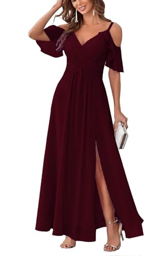 Damen Schulterfrei Brautjungfernkleider lang Chiffon plissiert formelle Abendkleider A Linie Spaghetti-träger Ballkleider Damen Schulterfrei Brautjungfernkleider lang Chiffon plissiert formelle Abendkleider A Linie Spaghetti-träger Ballkleider von Sincemeet
