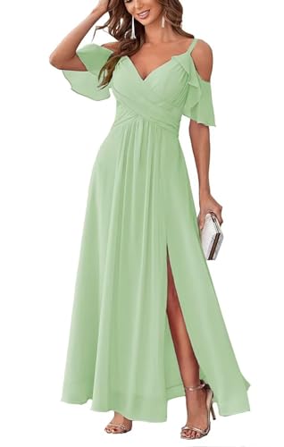 Damen Schulterfrei Brautjungfernkleider lang Chiffon plissiert formelle Abendkleider A Linie Spaghetti-träger Ballkleider Damen Schulterfrei Brautjungfernkleider lang Chiffon plissiert formelle Abendkleider A Linie Spaghetti-träger Ballkleider von Sincemeet