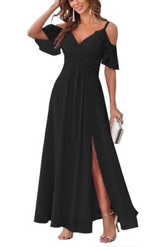 Damen Schulterfrei Brautjungfernkleider lang Chiffon plissiert formelle Abendkleider A Linie Spaghetti-träger Ballkleider Damen Schulterfrei Brautjungfernkleider lang Chiffon plissiert formelle Abendkleider A Linie Spaghetti-träger Ballkleider von Sincemeet