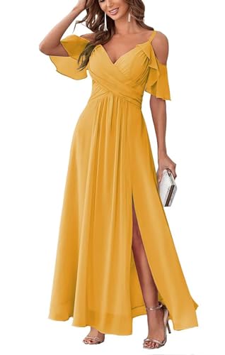 Damen Schulterfrei Brautjungfernkleider lang Chiffon plissiert formelle Abendkleider A Linie Spaghetti-träger Ballkleider Damen Schulterfrei Brautjungfernkleider lang Chiffon plissiert formelle Abendkleider A Linie Spaghetti-träger Ballkleider von Sincemeet