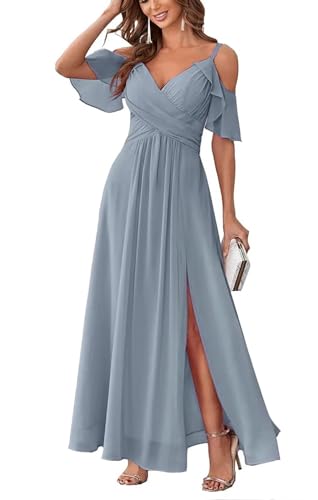Damen Schulterfrei Brautjungfernkleider lang Chiffon plissiert formelle Abendkleider A Linie Spaghetti-träger Ballkleider von Sincemeet