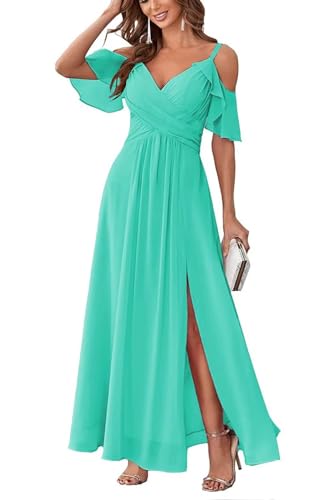 Damen Schulterfrei Brautjungfernkleider lang Chiffon plissiert formelle Abendkleider A Linie Spaghetti-träger Ballkleider Damen Schulterfrei Brautjungfernkleider lang Chiffon plissiert formelle Abendkleider A Linie Spaghetti-träger Ballkleider von Sincemeet