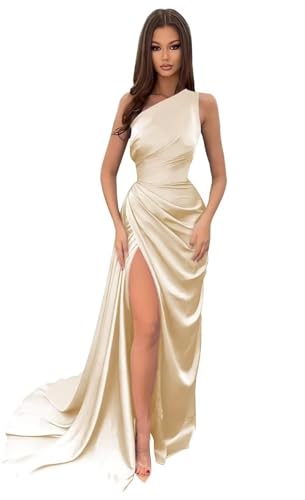 Damen Schulterfrei Eine Satin Brautjungfernkleider Lang Elegant Hochzeit Party Kleid A Linie Ballkleider von Sincemeet