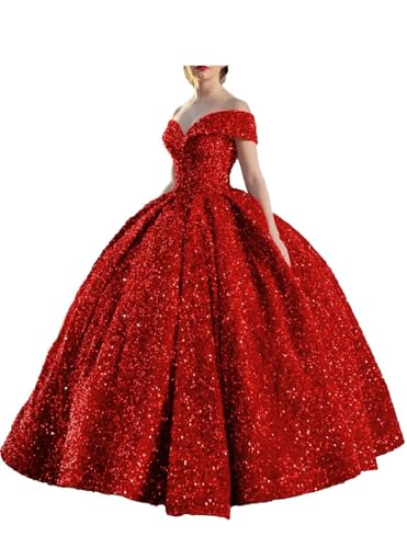 Damen Schulterfreie Quinceanera Kleider Paillette Sweetheart Ballkleid Brautkleid Lange Party Kleid Formell Abendkleider von Sincemeet