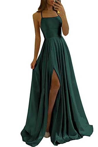 Damen Spaghetti Straps Satin Prom Dresses A-Linie Seitenschlitz Ballkleider Hochzeit Abendparty Kleid mit Taschen Damen Spaghetti Straps Satin Prom Dresses A-Linie Seitenschlitz Ballkleider Hochzeit Abendparty Kleid mit Taschen von Sincemeet