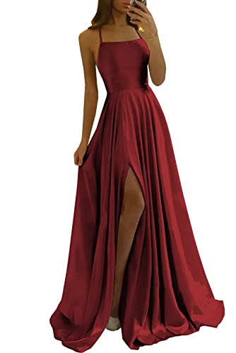 Damen Spaghetti Straps Satin Prom Dresses A-Linie Seitenschlitz Ballkleider Hochzeit Abendparty Kleid mit Taschen Damen Spaghetti Straps Satin Prom Dresses A-Linie Seitenschlitz Ballkleider Hochzeit Abendparty Kleid mit Taschen von Sincemeet