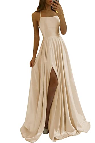 Damen Spaghetti Straps Satin Prom Dresses A-Linie Seitenschlitz Ballkleider Hochzeit Abendparty Kleid mit Taschen von Sincemeet