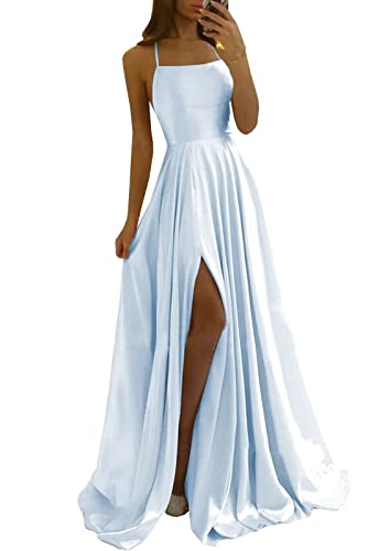 Damen Spaghetti Straps Satin Prom Dresses A-Linie Seitenschlitz Ballkleider Hochzeit Abendparty Kleid mit Taschen von Sincemeet