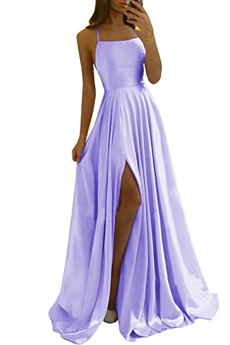 Damen Spaghetti Straps Satin Prom Dresses A-Linie Seitenschlitz Ballkleider Hochzeit Abendparty Kleid mit Taschen von Sincemeet