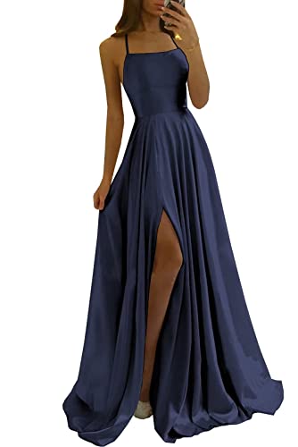 Damen Spaghetti Straps Satin Prom Dresses A-Linie Seitenschlitz Ballkleider Hochzeit Abendparty Kleid mit Taschen von Sincemeet