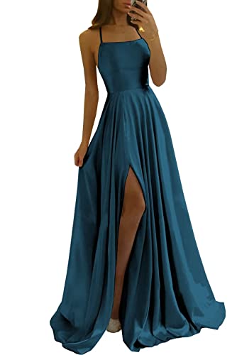 Damen Spaghetti Straps Satin Prom Dresses A-Linie Seitenschlitz Ballkleider Hochzeit Abendparty Kleid mit Taschen von Sincemeet