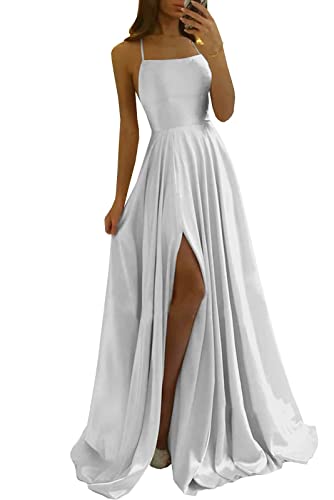 Damen Spaghetti Straps Satin Prom Dresses A-Linie Seitenschlitz Ballkleider Hochzeit Abendparty Kleid mit Taschen Damen Spaghetti Straps Satin Prom Dresses A-Linie Seitenschlitz Ballkleider Hochzeit Abendparty Kleid mit Taschen von Sincemeet
