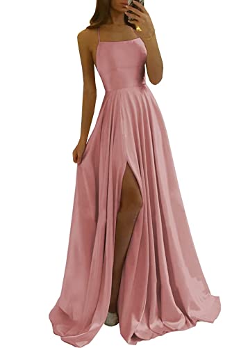 Damen Spaghetti Straps Satin Prom Dresses A-Linie Seitenschlitz Ballkleider Hochzeit Abendparty Kleid mit Taschen von Sincemeet