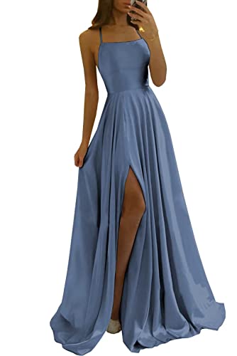 Damen Spaghetti Straps Satin Prom Dresses A-Linie Seitenschlitz Ballkleider Hochzeit Abendparty Kleid mit Taschen Damen Spaghetti Straps Satin Prom Dresses A-Linie Seitenschlitz Ballkleider Hochzeit Abendparty Kleid mit Taschen von Sincemeet