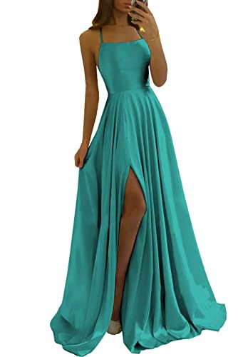 Damen Spaghetti Straps Satin Prom Dresses A-Linie Seitenschlitz Ballkleider Hochzeit Abendparty Kleid mit Taschen von Sincemeet