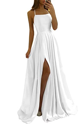 Damen Spaghetti Straps Satin Prom Dresses A-Linie Seitenschlitz Ballkleider Hochzeit Abendparty Kleid mit Taschen von Sincemeet