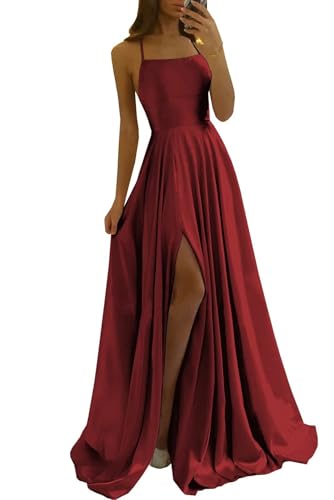 Damen-Spaghetti-Träger, Satin, Lange Ballkleider mit Taschen, A-Linie, Schlitz, Sexy, Kreuz und quer, Neckholder, rückenfreie Formelle Abendkleider Damen-Spaghetti-Träger, Satin, Lange Ballkleider mit Taschen, A-Linie, Schlitz, Sexy, Kreuz und quer, Neckholder, rückenfreie Formelle Abendkleider von Sincemeet