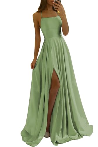 Damen-Spaghetti-Träger, Satin, Lange Ballkleider mit Taschen, A-Linie, Schlitz, Sexy, Kreuz und quer, Neckholder, rückenfreie Formelle Abendkleider Damen-Spaghetti-Träger, Satin, Lange Ballkleider mit Taschen, A-Linie, Schlitz, Sexy, Kreuz und quer, Neckholder, rückenfreie Formelle Abendkleider von Sincemeet