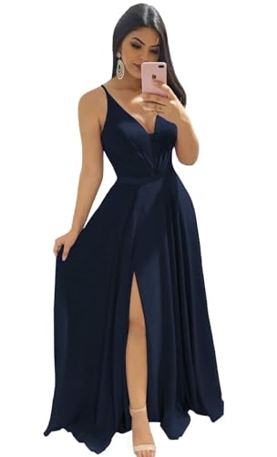 Damen Spaghetti-Träger Chiffon Brautjungfernkleider lang V-Ausschnitt Gerafftes formelles Abendkleid mit Schlitz von Sincemeet
