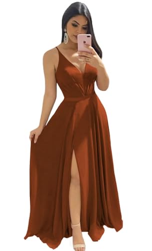 Damen Spaghetti-Träger Chiffon Brautjungfernkleider lang V-Ausschnitt Gerafftes formelles Abendkleid mit Schlitz von Sincemeet