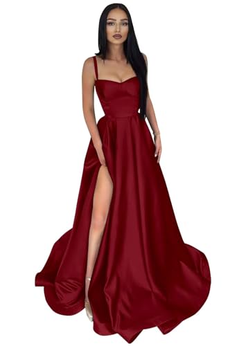 Damen Spaghetti-Träger Satin Abendkleider Lange A-Linie Sweetheart Ballkleid Seitenschlitze ärmellos Ballkleid von Sincemeet