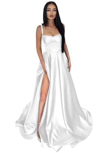 Damen Spaghetti-Träger Satin Abendkleider Lange A-Linie Sweetheart Ballkleid Seitenschlitze ärmellos Ballkleid von Sincemeet