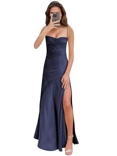Damen Spaghettiträger Brautjungfernkleider formeller Satin Abschlussball Abendkleider A Line Ballkleid mit Schlitze von Sincemeet