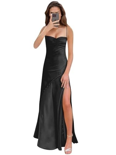Damen Spaghettiträger Brautjungfernkleider formeller Satin Abschlussball Abendkleider A Line Ballkleid mit Schlitze von Sincemeet