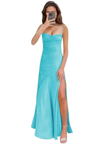Damen Spaghettiträger Brautjungfernkleider formeller Satin Abschlussball Abendkleider A Line Ballkleid mit Schlitze von Sincemeet